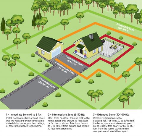 Firewise defensible space for a medium house and exterior garage with a large driveway in Arizona